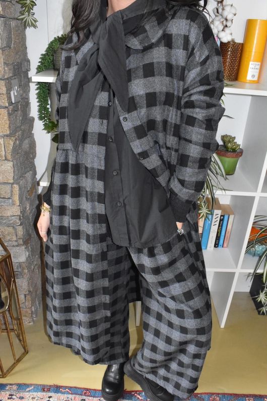 Nora Brushed Cotton Gingham Frock Coat Black